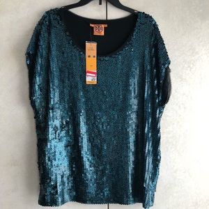 Tory Burch sequined top with raw edged silk trim.